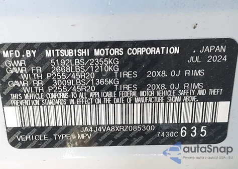 2024 Mitsubishi Outlander Se 2.5 S-Awc z USA, uszkodzony, nr VIN JA4J4VA8XRZ085300
